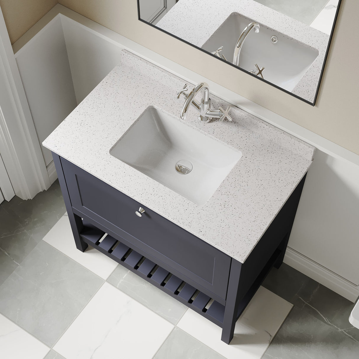 [BFRY327WS1] Balterley Rye Bathroom Floor Standing 1 Drawer Vanity & Single Bowl 1 Tap Hole Marble Top, Indigo Blue/White, 800mm - Lifestyle 2