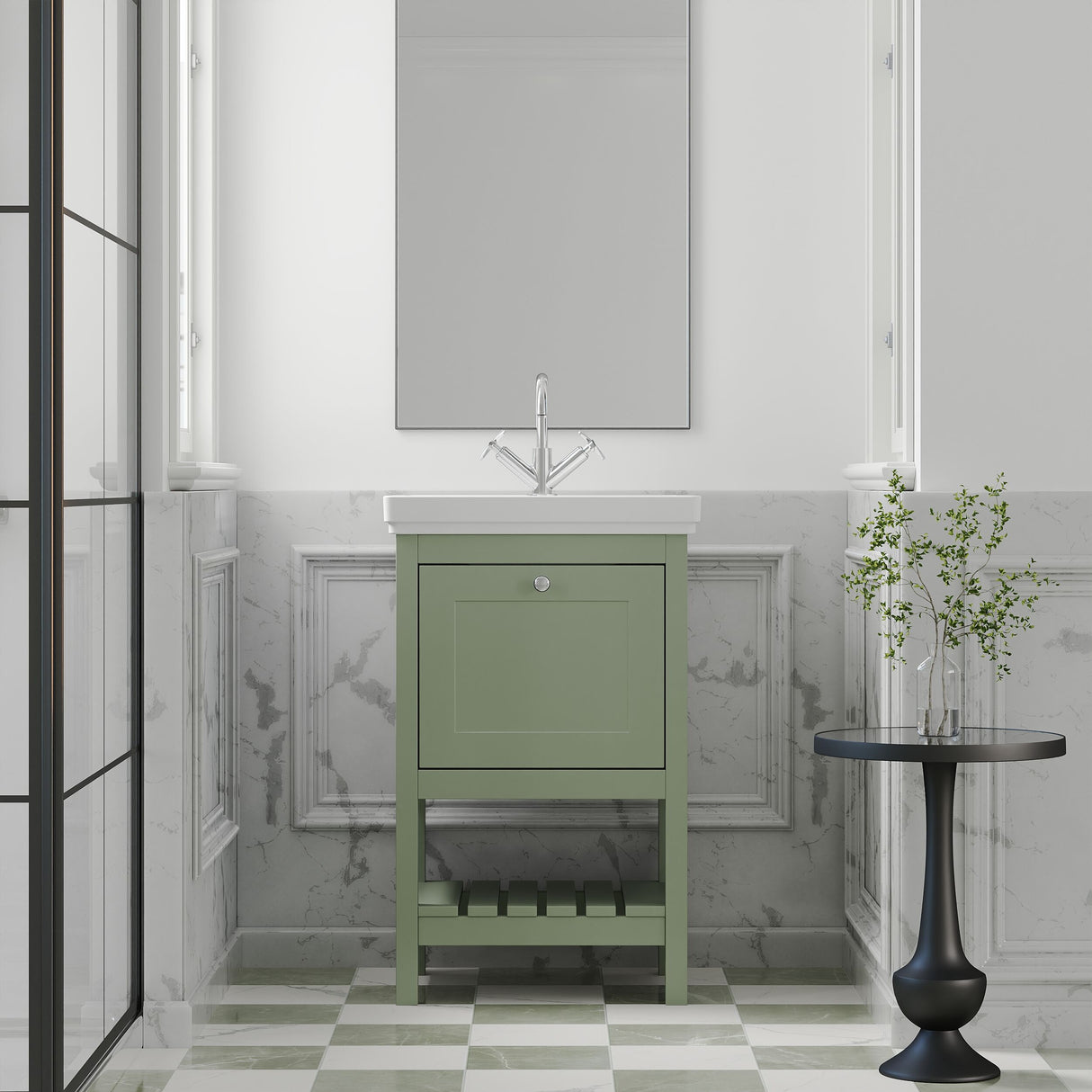 [BFRY823A] Balterley Rye Bathroom Floor Standing 1 Drawer Vanity & 1 Tap Hole Fireclay Basin, Fern Green, 500mm - Lifestyle 1