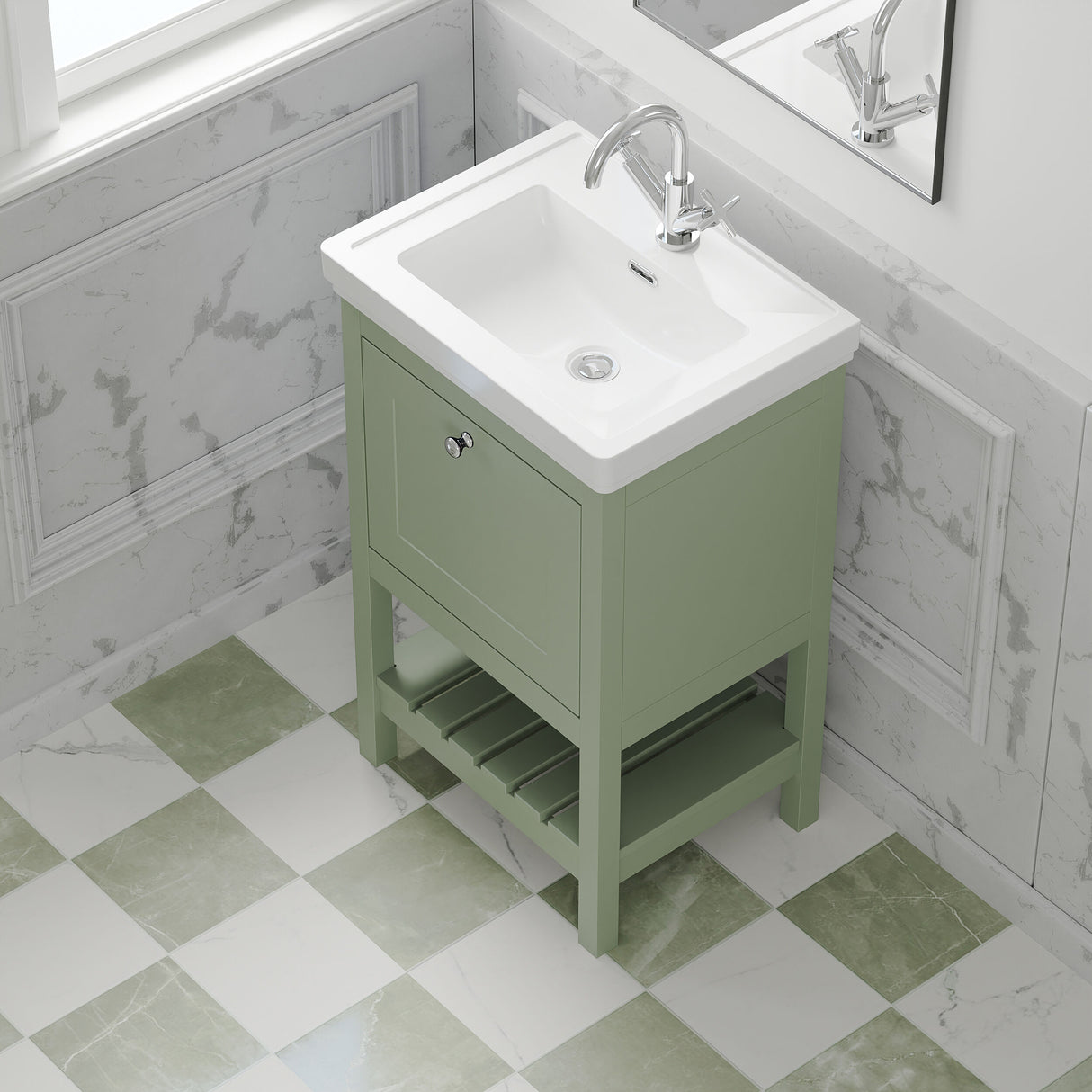 [BFRY823A] Balterley Rye Bathroom Floor Standing 1 Drawer Vanity & 1 Tap Hole Fireclay Basin, Fern Green, 500mm - Lifestyle 2
