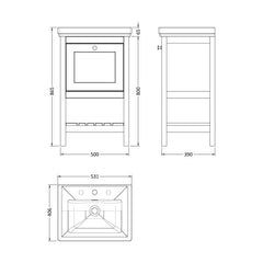 [BFRY823B] Balterley Rye Traditional Bathroom 1 Soft Close Drawer Floor Standing Vanity Unit Basin, Fern Green, 531mm - Technical Drawing