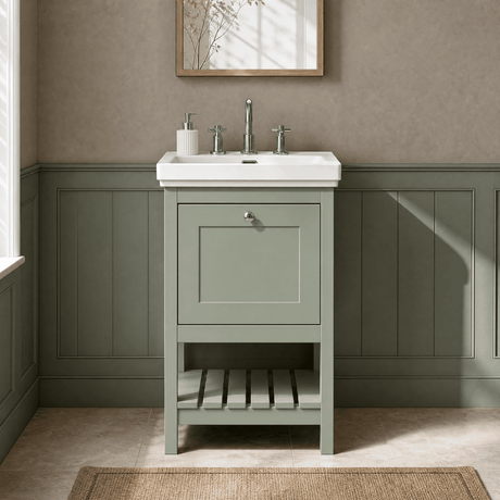 [BFRY823B] Coppenhall Traditional 1 Drawer Floor Standing Vanity Unit with 3 Tap Hole Fireclay Basin, Choice of Size and Finish - Silo