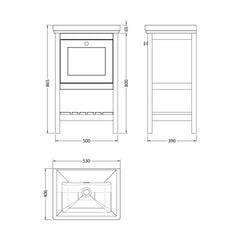 [BFRY823H] Balterley Rye Traditional Bathroom 1 Soft Close Drawer Floor Standing Vanity Unit Basin, Fern Green, 531mm - Technical Drawing
