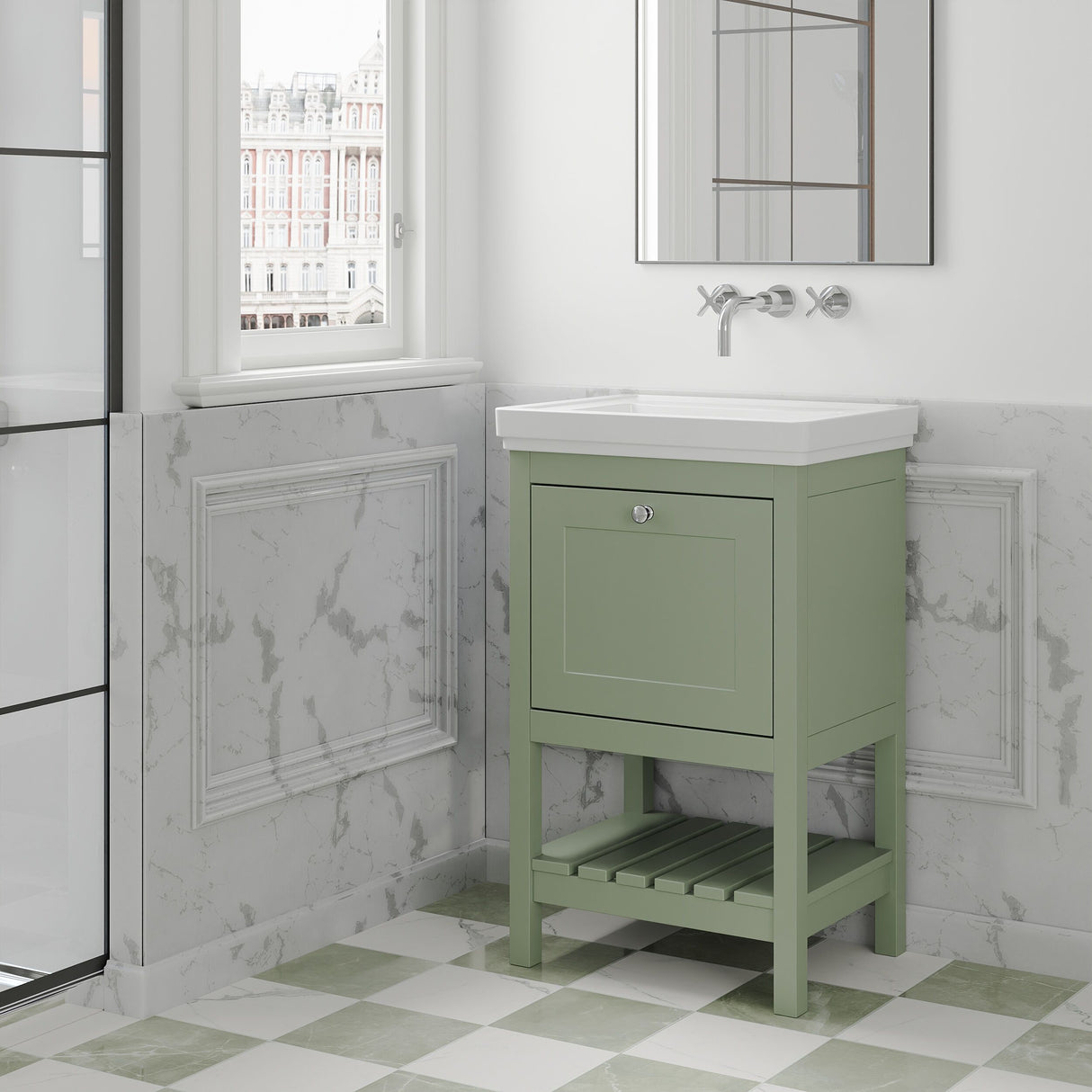 [BFRY823H] Balterley Rye Traditional Bathroom 1 Soft Close Drawer Floor Standing Vanity Unit Basin, Fern Green, 531mm - Lifestyle 3