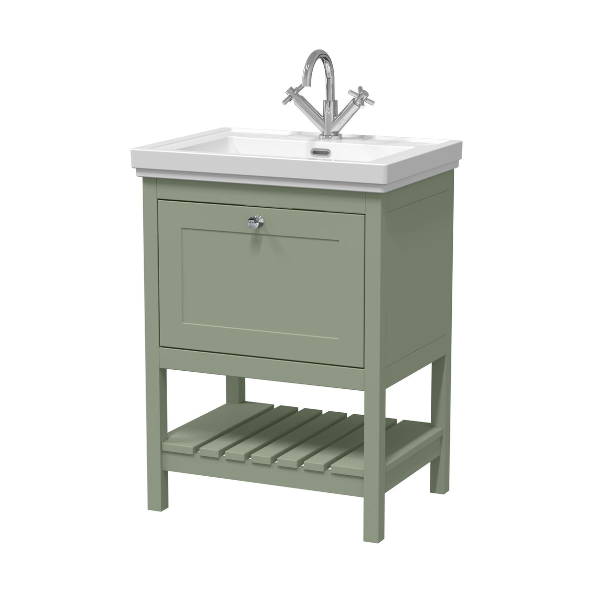 [BFRY825A] Balterley Rye Traditional Bathroom 1 Soft Close Drawer Floor Standing Vanity Unit Basin, Fern Green, 630mm - Cutout