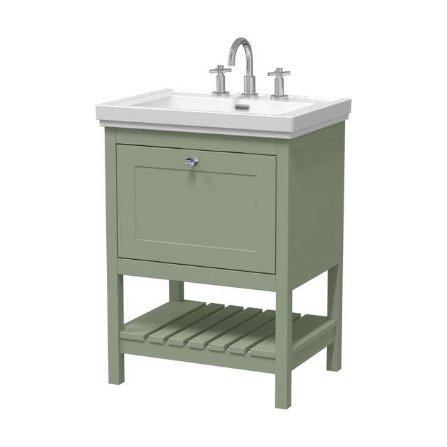 [BFRY825B] Balterley Rye Traditional Bathroom 1 Soft Close Drawer Floor Standing Vanity Unit Basin, Fern Green, 630mm - Cutout