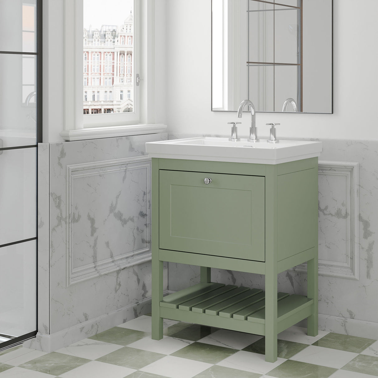 [BFRY825B] Coppenhall Traditional 1 Drawer Floor Standing Vanity Unit with 3 Tap Hole Fireclay Basin, Choice of Size and Finish