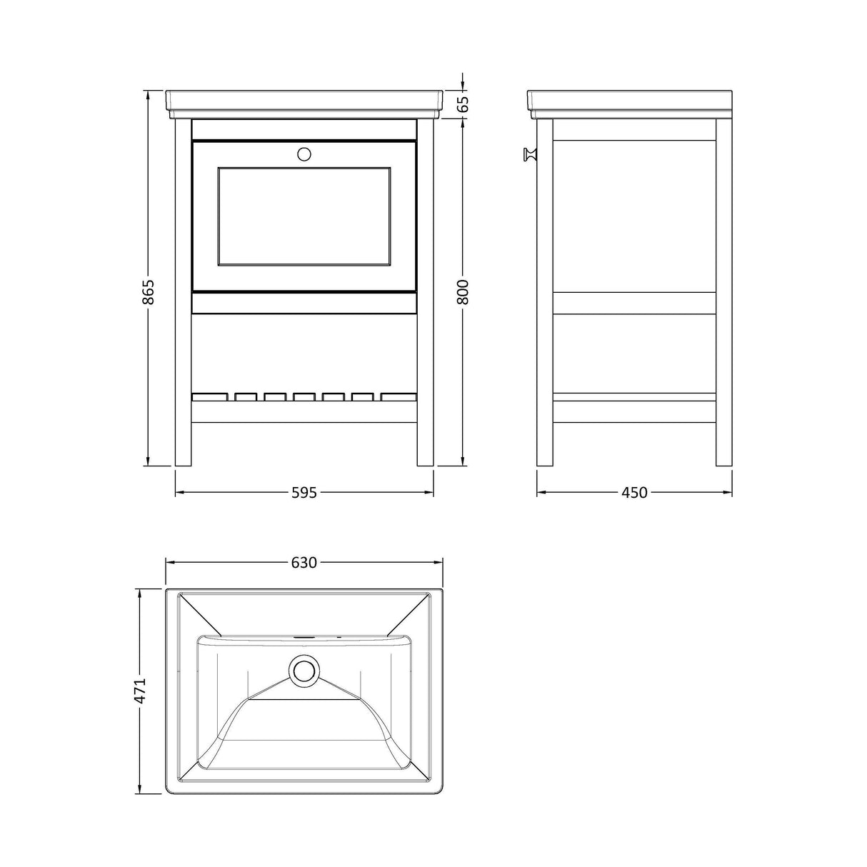 [BFRY825H] Balterley Rye Traditional Bathroom 1 Soft Close Drawer Floor Standing Vanity Unit Basin, Fern Green, 630mm - Technical Drawing