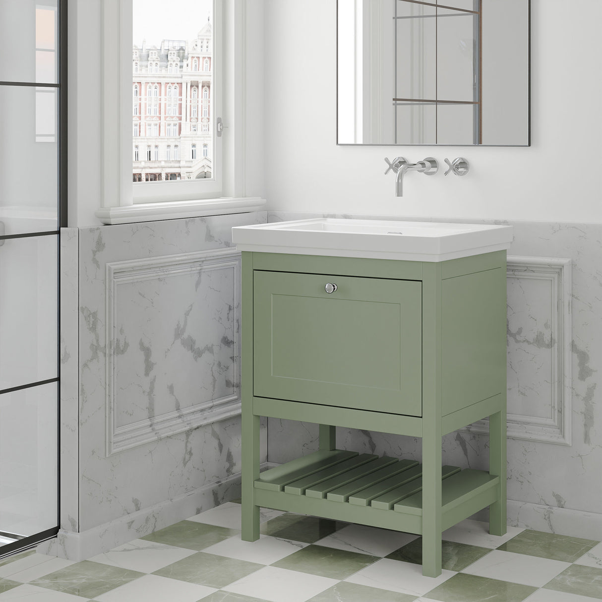 [BFRY825H] Balterley Rye Traditional Bathroom 1 Soft Close Drawer Floor Standing Vanity Unit Basin, Fern Green, 630mm - Lifestyle 3