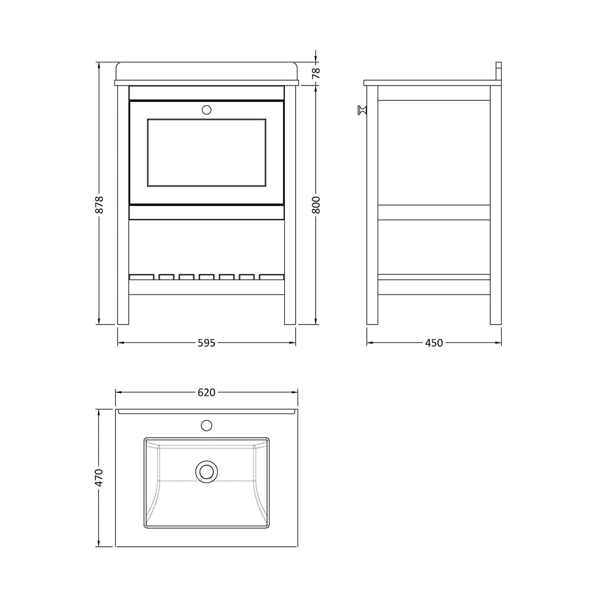 [BFRY825WS1] Balterley Rye Traditional Bathroom 1 Soft Close Drawer Floor Standing Vanity Unit Marble Top Basin, Fern Green/White, 620mm - Technical Drawing