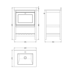 [BFRY825WS1] Balterley Rye Traditional Bathroom 1 Soft Close Drawer Floor Standing Vanity Unit Marble Top Basin, Fern Green/White, 620mm - Technical Drawing