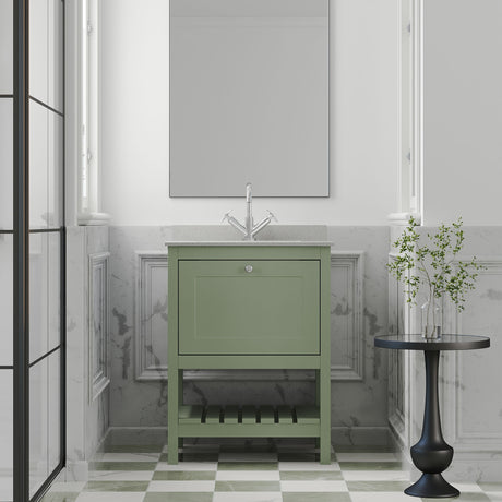[BFRY825WS1] Balterley Rye Traditional Bathroom 1 Soft Close Drawer Floor Standing Vanity Unit Marble Top Basin, Fern Green/White, 620mm - Lifestyle 1