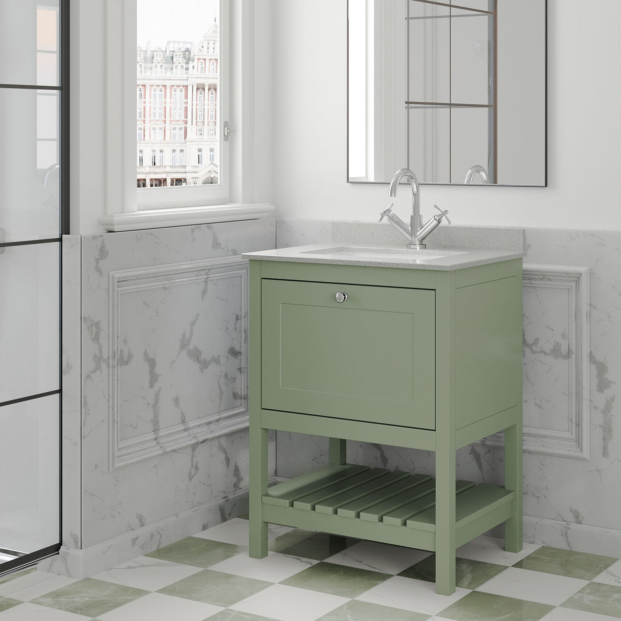 [BFRY825WS1] Coppenhall Traditional 1 Drawer Floor Standing Vanity Unit with Marble Worktop, Choice of Size and Finish