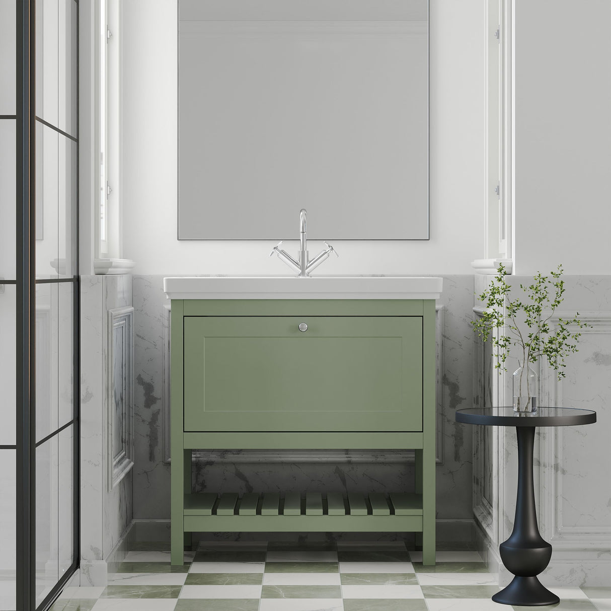 [BFRY827A] Balterley Rye Traditional Bathroom 1 Soft Close Drawer Floor Standing Vanity Unit Basin, Fern Green, 830mm - Lifestyle 1