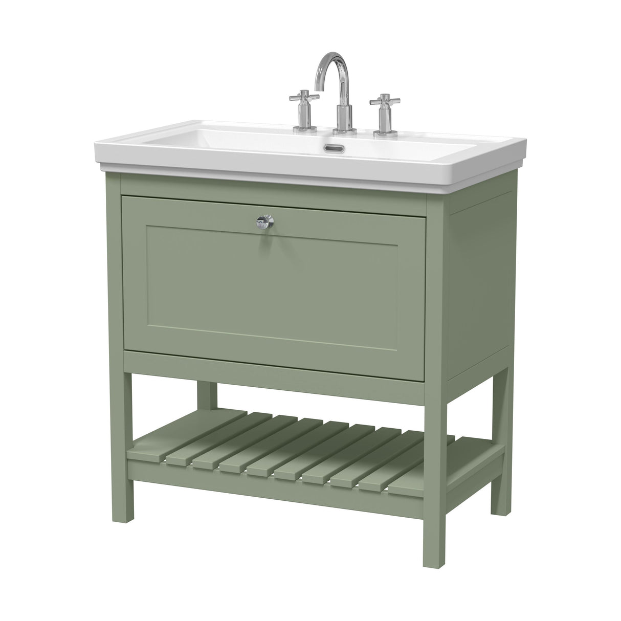 [BFRY827B] Balterley Rye Traditional Bathroom 1 Soft Close Drawer Floor Standing Vanity Unit Basin, Fern Green, 830mm - Cutout