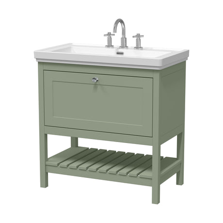 [BFRY827B] Coppenhall Traditional 1 Drawer Floor Standing Vanity Unit with 3 Tap Hole Fireclay Basin, Choice of Size and Finish - Cutout