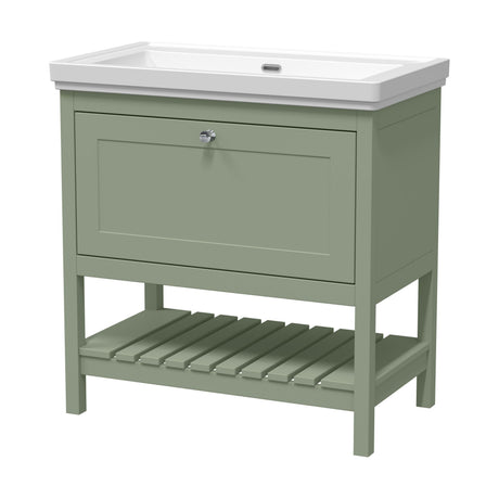 [BFRY827H] Balterley Rye Traditional Bathroom 1 Soft Close Drawer Floor Standing Vanity Unit Basin, Fern Green, 830mm - Cutout