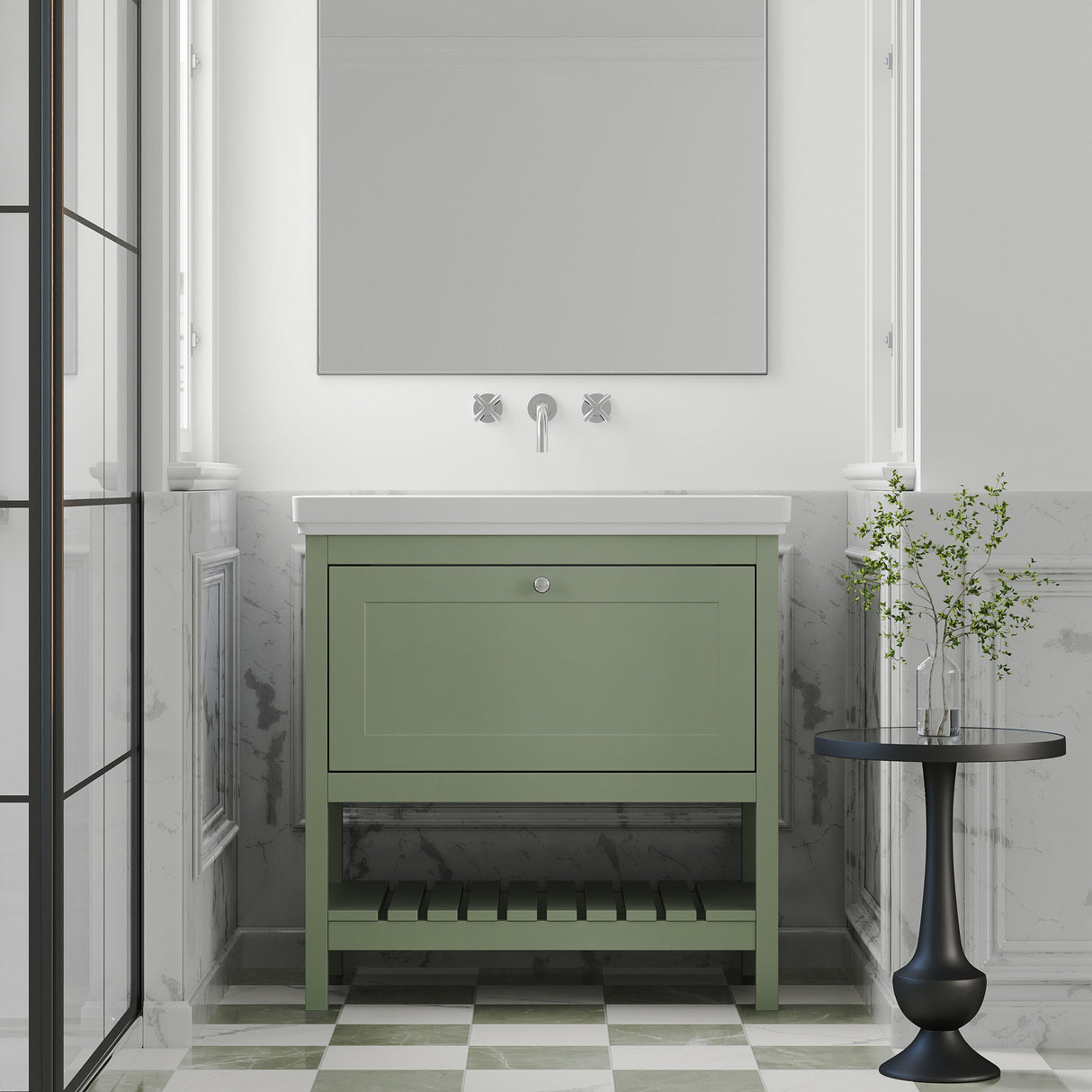 [BFRY827H] Balterley Rye Traditional Bathroom 1 Soft Close Drawer Floor Standing Vanity Unit Basin, Fern Green, 830mm - Lifestyle 1