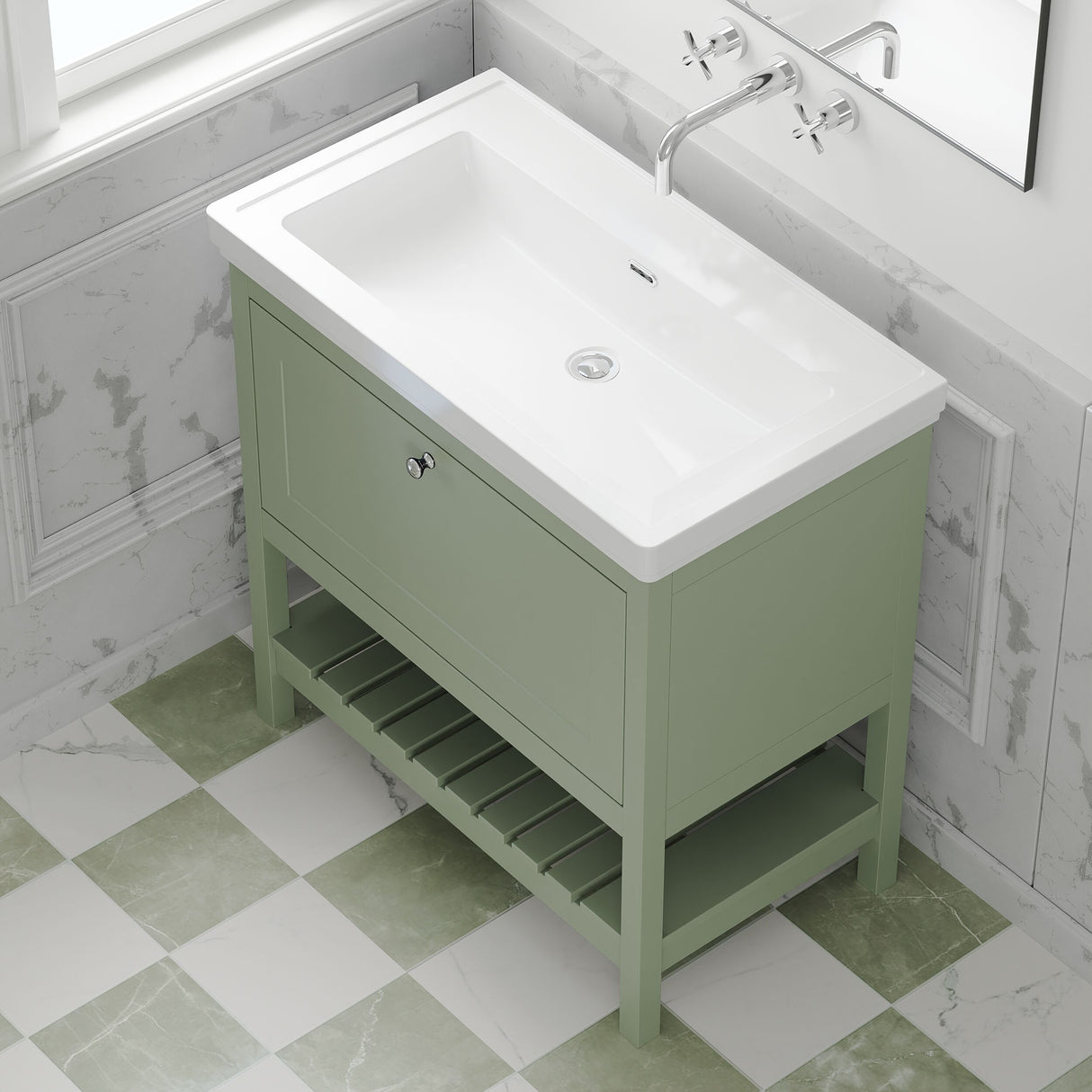 [BFRY827H] Balterley Rye Traditional Bathroom 1 Soft Close Drawer Floor Standing Vanity Unit Basin, Fern Green, 830mm - Lifestyle 2