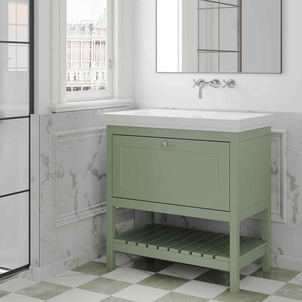[BFRY827H] Coppenhall Traditional 1 Drawer Floor Standing Vanity Basin Unit with 0 Tap Hole Fireclay Basin, Choice of Size and Colour