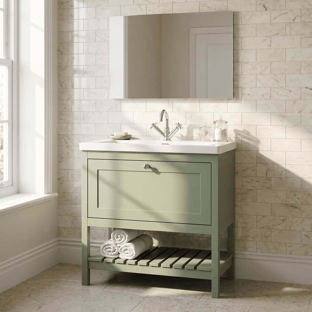 [BFRY827L] Coppenhall Contemporary 1 Drawer Floor Standing Vanity Unit with Fireclay Basin - Choice of Size and Colour - Silo
