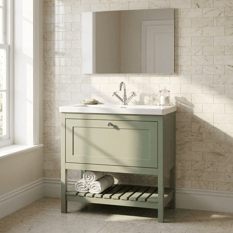 [BFRY827L] Coppenhall Contemporary 1 Drawer Floor Standing Vanity Unit with Fireclay Basin - Choice of Size and Colour - Silo