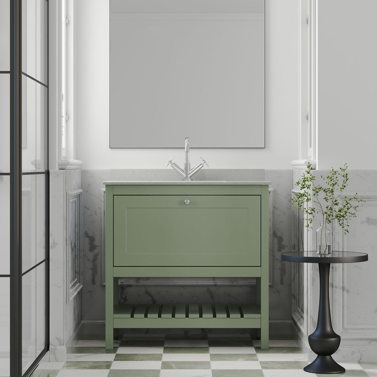 [BFRY827WS1] Balterley Rye Traditional Bathroom 1 Soft Close Drawer Floor Standing Vanity Unit Marble Top Basin, Fern Green/White, 820mm - Lifestyle 1