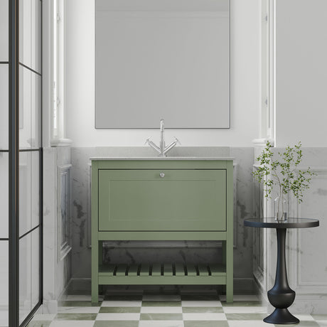 [BFRY827WS1] Balterley Rye Traditional Bathroom 1 Soft Close Drawer Floor Standing Vanity Unit Marble Top Basin, Fern Green/White, 820mm - Lifestyle 1
