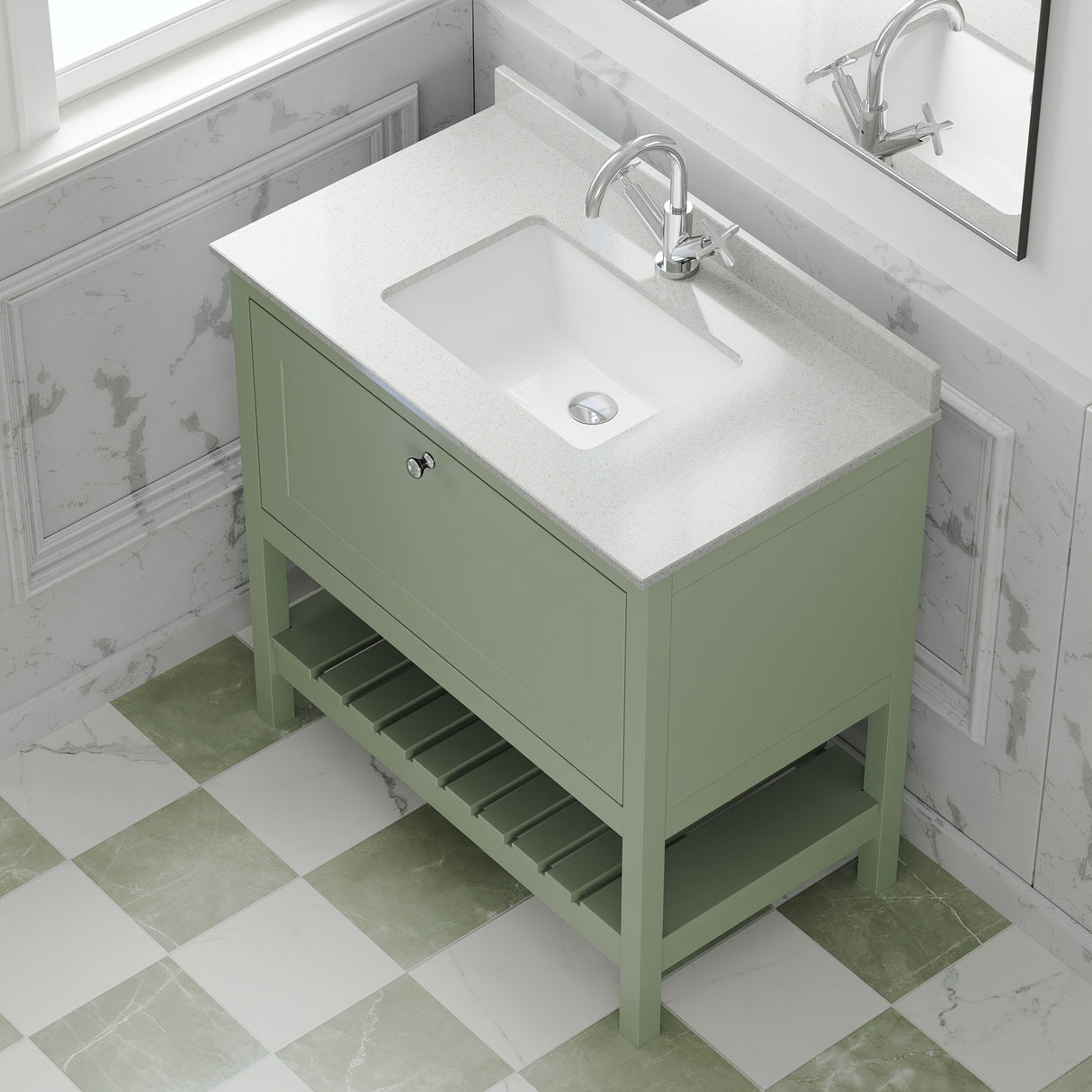 [BFRY827WS1] Balterley Rye Traditional Bathroom 1 Soft Close Drawer Floor Standing Vanity Unit Marble Top Basin, Fern Green/White, 820mm - Lifestyle 2