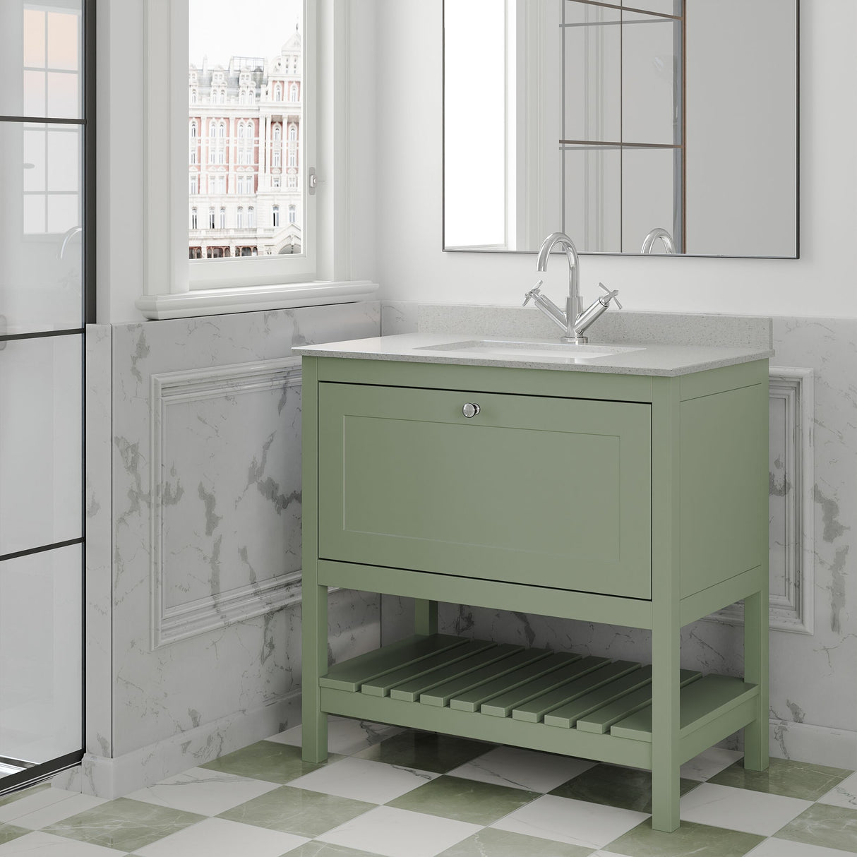 [BFRY827WS1] Balterley Rye Traditional Bathroom 1 Soft Close Drawer Floor Standing Vanity Unit Marble Top Basin, Fern Green/White, 820mm - Lifestyle 3