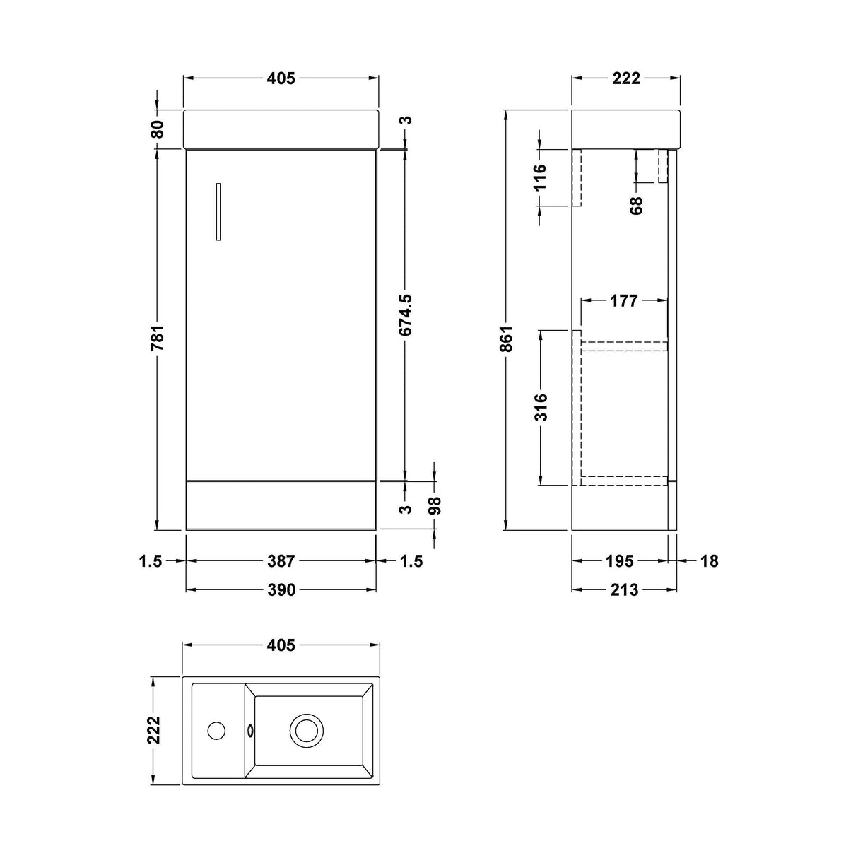 [BFSA192] Freehay 400mm Floor Standing Bathroom Vanity & Basin - Chrome Handle - Gloss White - Technical Drawing