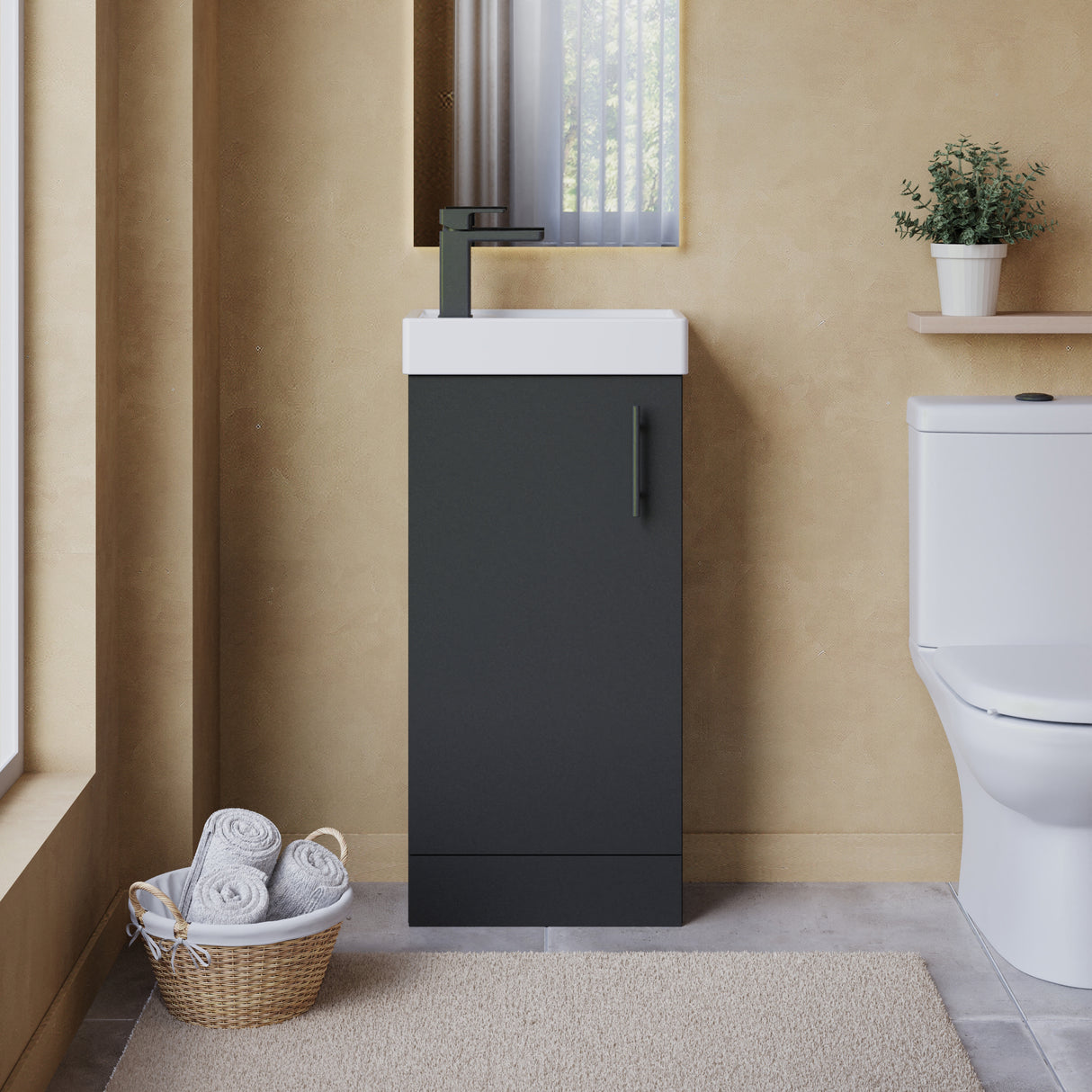 Compact Cloakroom Vanity Basin Unit, 400mm - Choice of Mount Type, Colour and Handle Finish