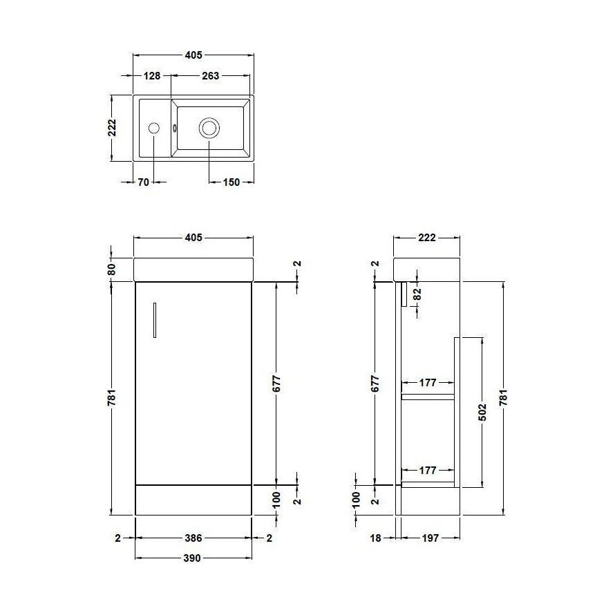 [BFSAH2492] Freehay Compact Cloakroom Vanity Basin Unit, 400mm - Choice of Mount Type, Colour and Handle Finish - Technical Drawing