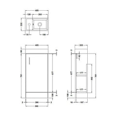 [BFSAH2493] Freehay Compact Cloakroom Vanity Basin Unit, 400mm - Choice of Mount Type, Colour and Handle Finish - Technical Drawing