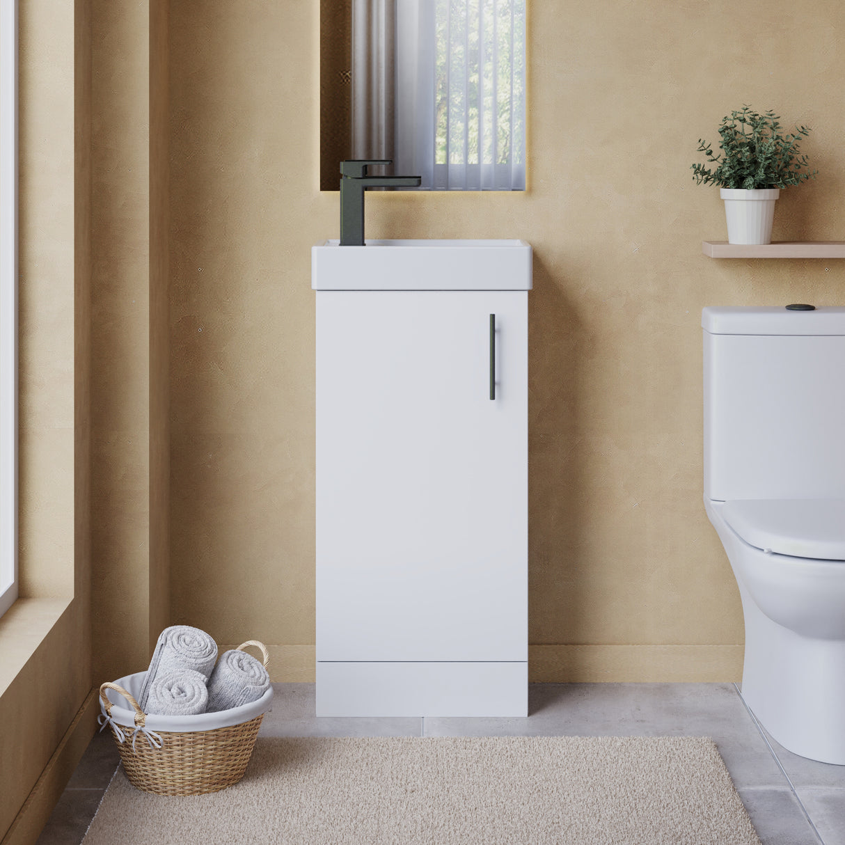 Compact Cloakroom Vanity Basin Unit, 400mm - Choice of Mount Type, Colour and Handle Finish