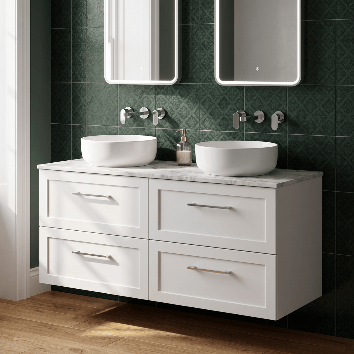 [BFSH124CMT2] Stonnall Traditional Wall Hung 4 Drawer 1200mm Vanity Unit with Carrera Marble Top - Choice of Colour - Lifestyle 1