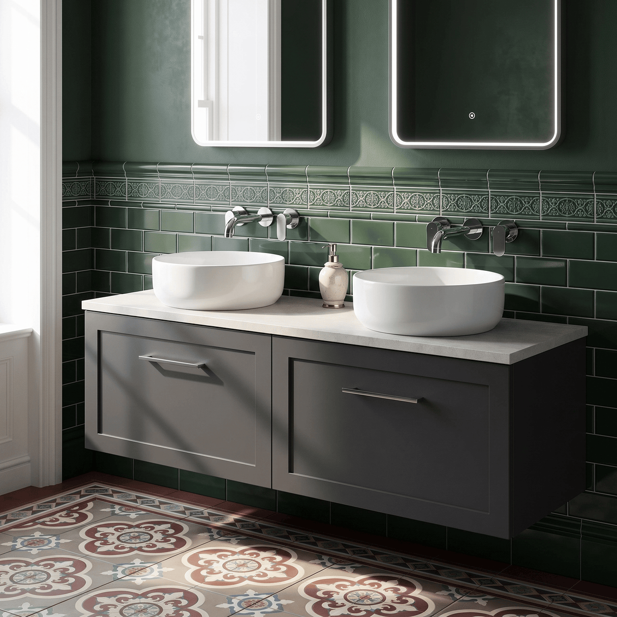 [BFSH1422LSWG2] Stonnall Traditional Wall Hung 2 Drawer 1200mm Vanity Unit with White Sparkle Laminate Worktop - Choice of Colour - Lifestyle 2