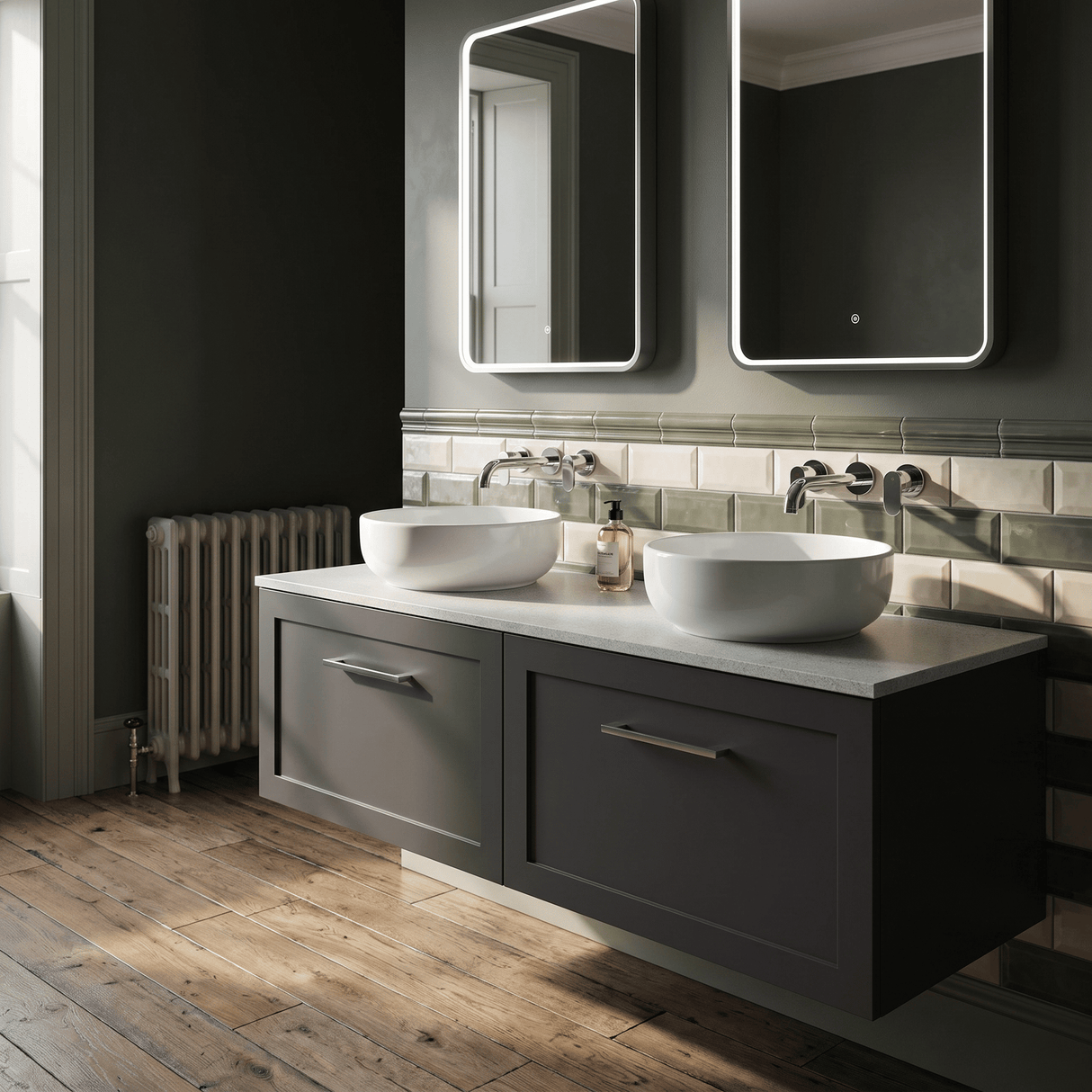 [BFSH1422WMT2] Stonnall Traditional Wall Hung 2 Drawer 1200mm Vanity Unit with White Marble Top - Choice of Colour - Lifestyle 1