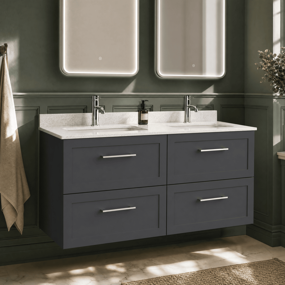 [BFSH1424WS2] Stonnall Traditional Wall Hung 4 Drawer 1200mm Vanity Unit with White Marble Top and Basin - Choice of Colour - Lifestyle 2