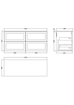 [BFSH3124CMT2] Stonnall Traditional Wall Hung 4 Drawer 1200mm Vanity Unit with Carrera Marble Top - Choice of Colour - Technical Drawing
