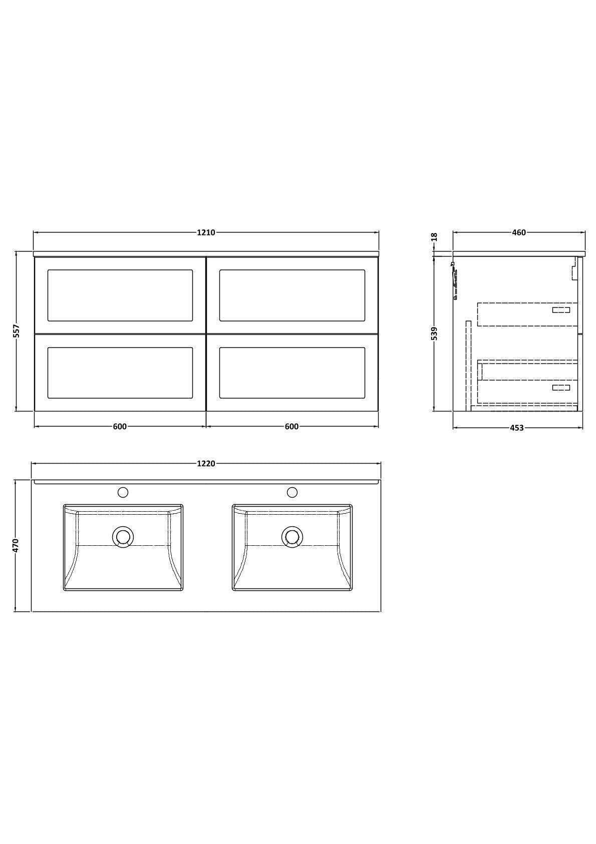 [BFSH3124WS2] Stonnall Traditional Wall Hung 4 Drawer 1200mm Vanity Unit with White Marble Top and Basin - Choice of Colour - Technical Drawing