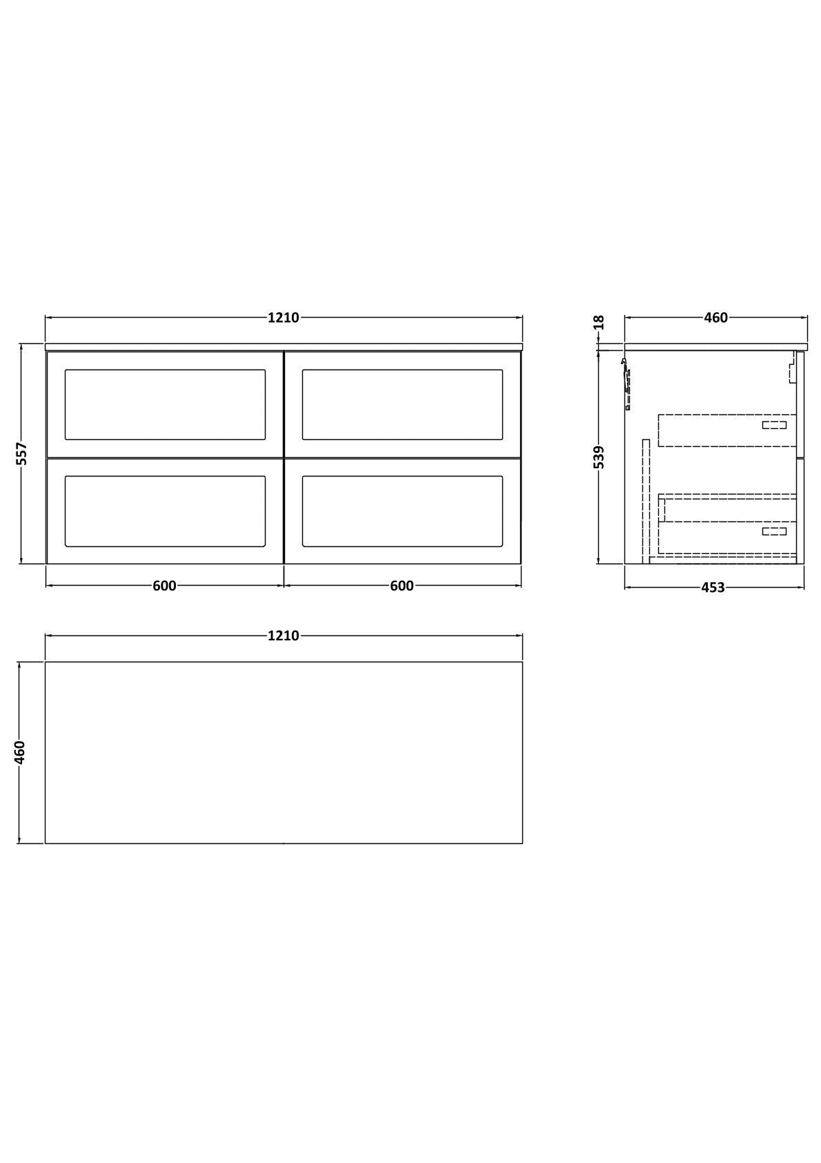 [BFSH3224CMT2] Stonnall Traditional Wall Hung 4 Drawer 1200mm Vanity Unit with Carrera Marble Top - Choice of Colour - Technical Drawing