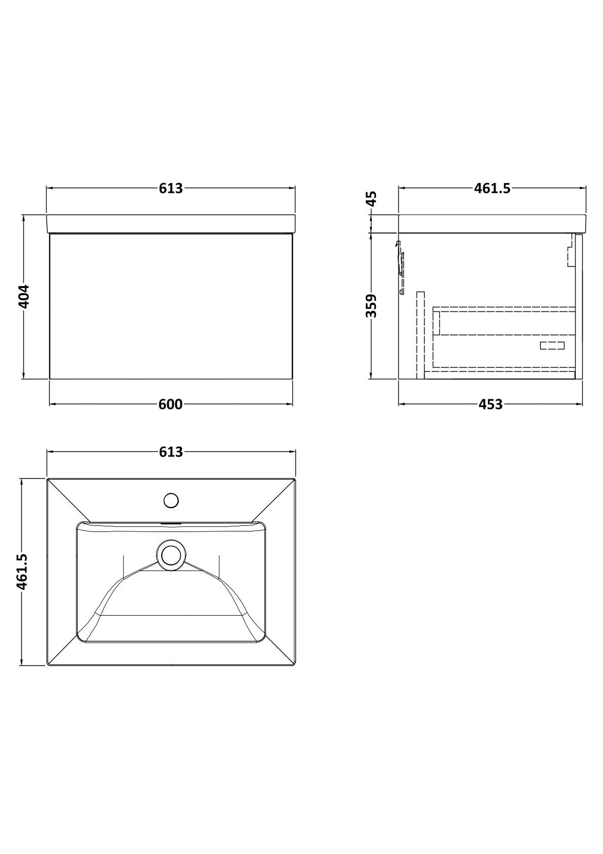 [BFSL122L] Pershall Contemporary Wall Hung 1 Drawer Vanity Unit with 1 Tap Hole Fireclay Basin - Choice of Size and Colour - Technical Drawing
