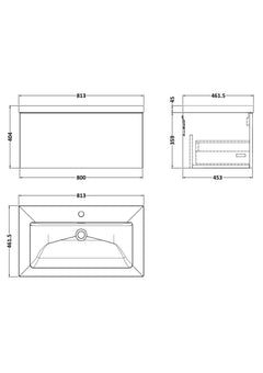[BFSL125L] Pershall Contemporary Wall Hung 1 Drawer Vanity Unit with 1 Tap Hole Fireclay Basin - Choice of Size and Colour - Technical Drawing