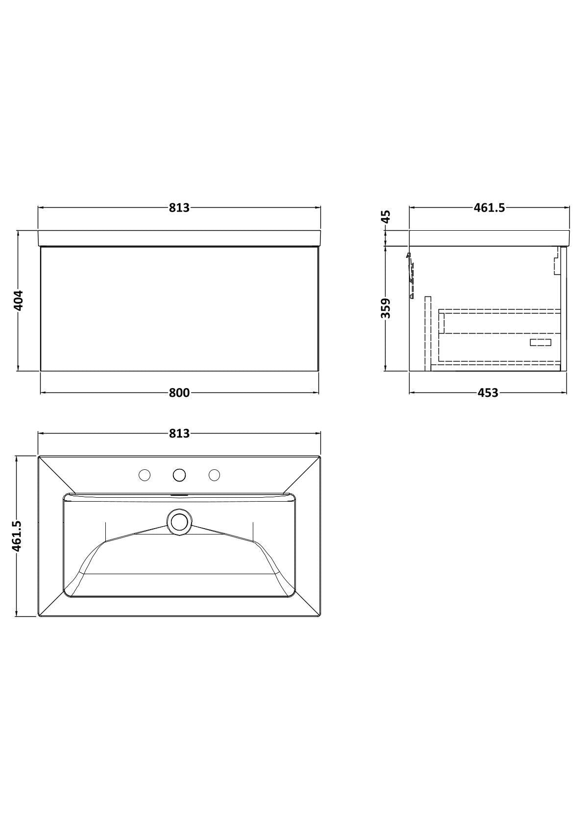 [BFSL125M] Pershall Contemporary Wall Hung 1 Drawer Vanity Unit with 3 Tap Hole Fireclay Basin - Choice of Size and Colour - Technical Drawing