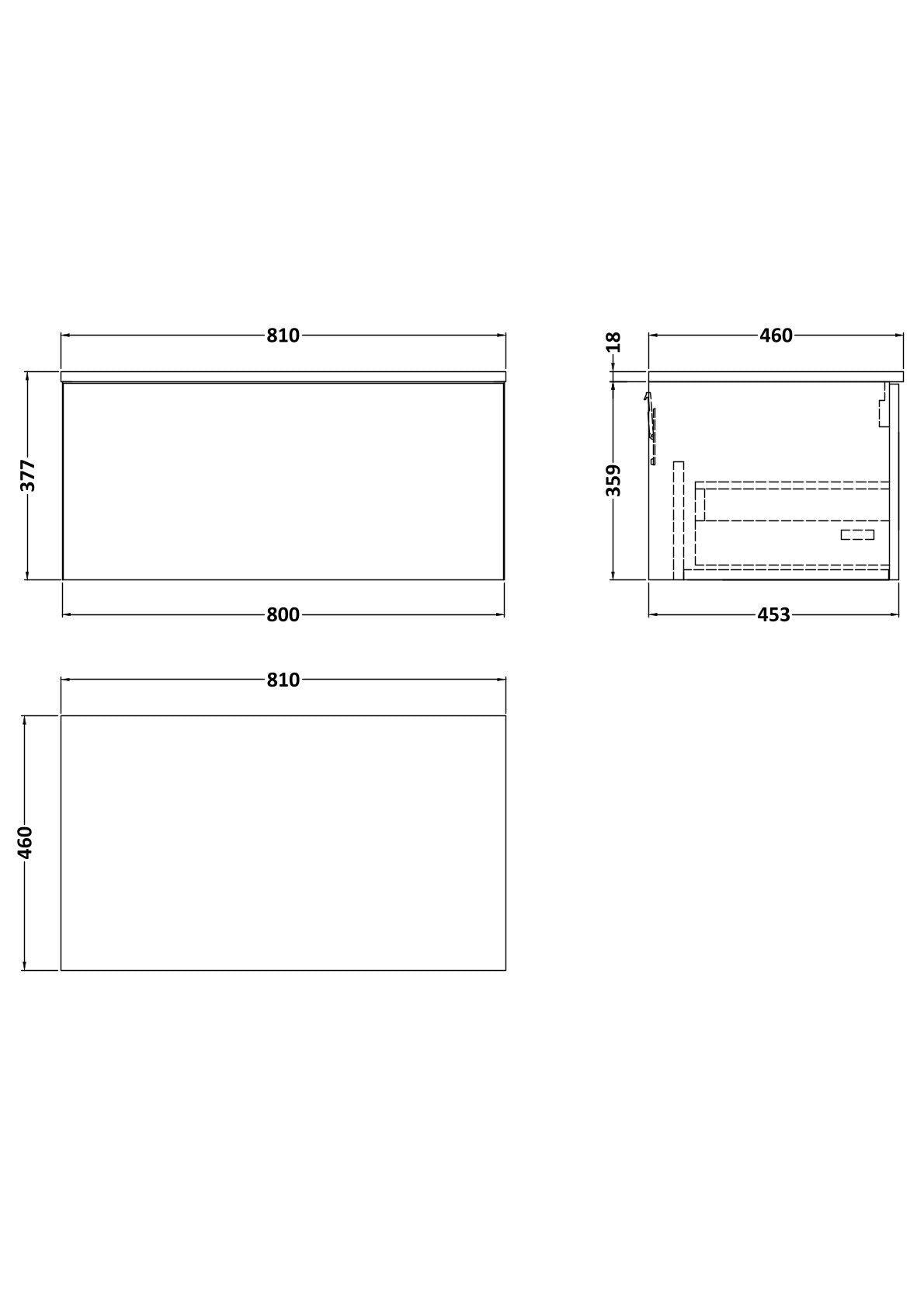 [BFSL125WMT] Pershall Contemporary Wall Hung 1 Drawer Vanity Unit with White Marble Top - Choice of Size and Colour - Technical Drawing