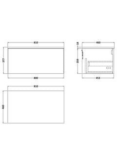 [BFSL125WMT] Pershall Contemporary Wall Hung 1 Drawer Vanity Unit with White Marble Top - Choice of Size and Colour - Technical Drawing