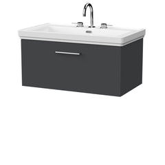 [BFSL1425B] Pershall Contemporary Wall Hung 1 Drawer Vanity Unit with Traditional 3 Tap Hole Fireclay Basin - Choice of Size and Colour - Cutout