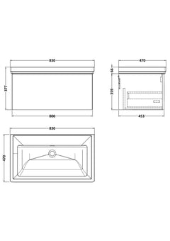 [BFSL1425H] Pershall Contemporary Wall Hung 1 Drawer Vanity Unit with Traditional 0 Tap Hole Fireclay Basin - Choice of Size and Colour - Technical Drawing