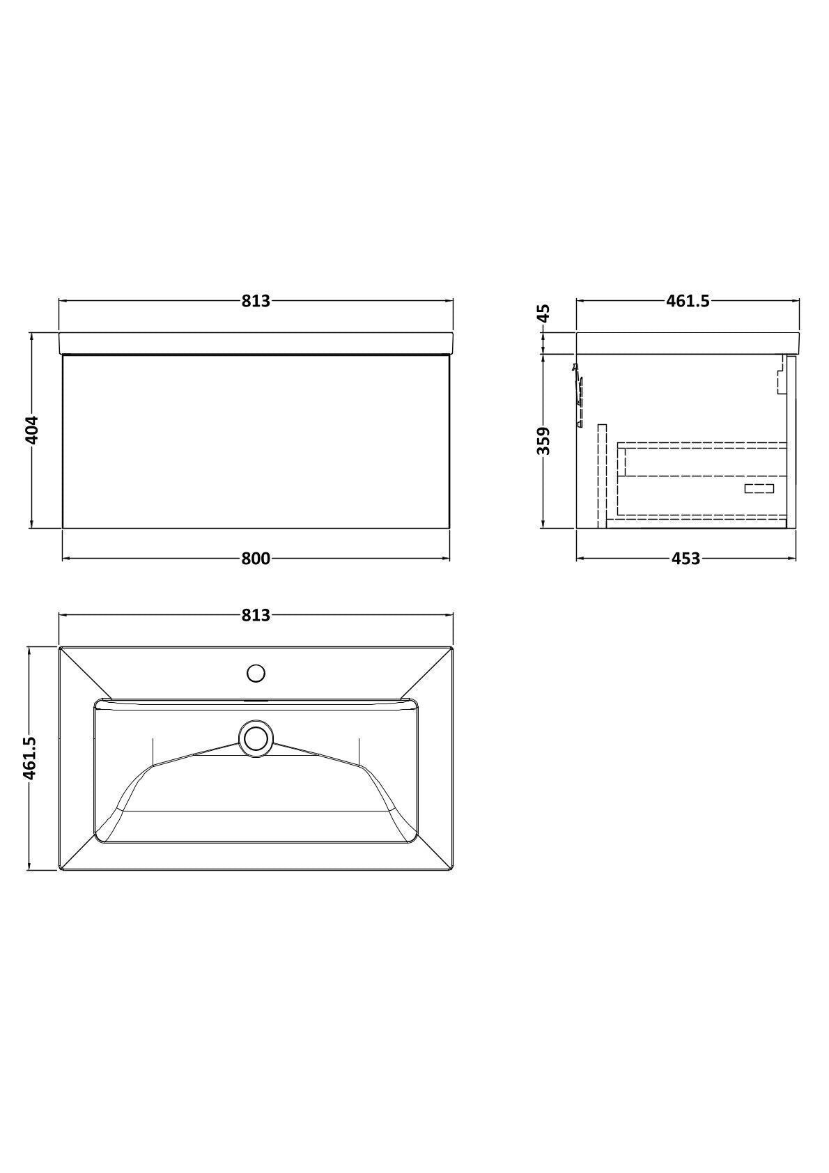 [BFSL1425L] Pershall Contemporary Wall Hung 1 Drawer Vanity Unit with 1 Tap Hole Fireclay Basin - Choice of Size and Colour - Technical Drawing