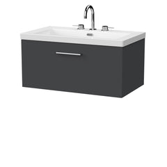 [BFSL1425M] Pershall Contemporary Wall Hung 1 Drawer Vanity Unit with 3 Tap Hole Fireclay Basin - Choice of Size and Colour - Cutout